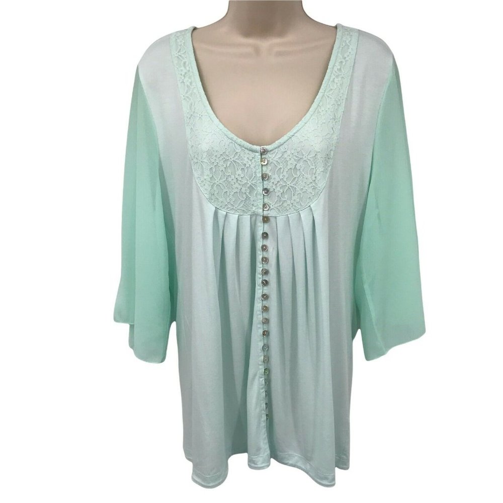 Soft Surroundings Womens Sheer Sleeves Scoop Neck Mint Green Blouse Top Size L